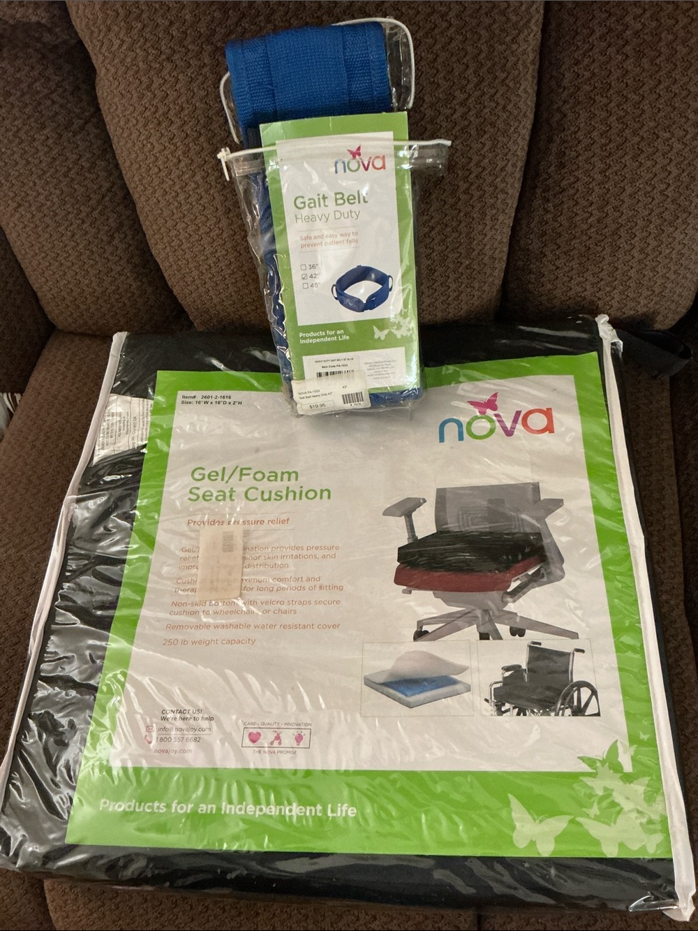 NOVA gel/ foam seat cushion Wheelchair or office chair + 42” gait BELT caregiver